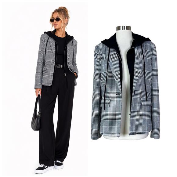 Evereve Jackets & Blazers - Evereve | Park Avenue Hoodie Dickie Black White Grey Plaid Blazer Jacket Large L
